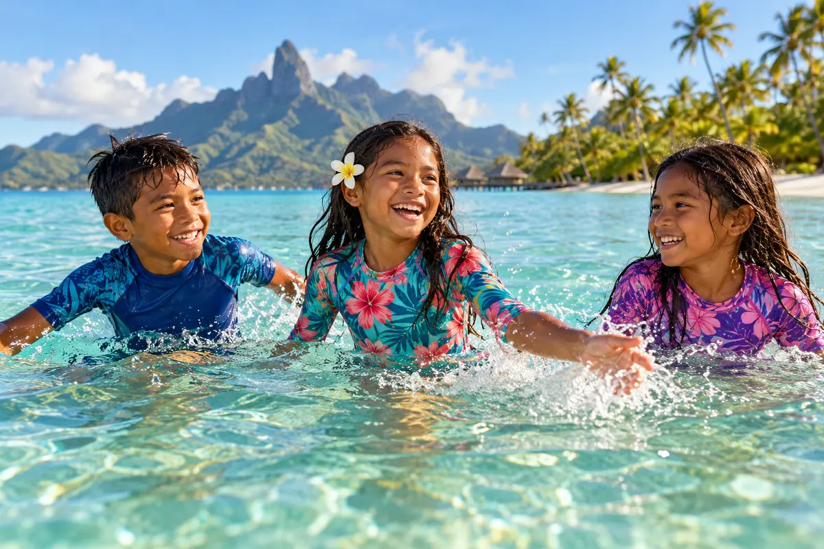 Illustrative image of children playing in the Bora Bora lagoon; they are not Titaua’s clients
