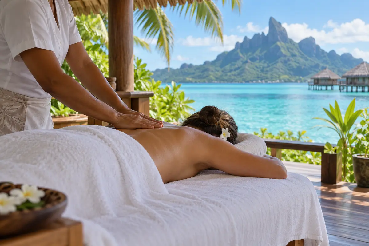 Illustrative massage on a table beside a lagoon; people pictured are not Titaua or clients